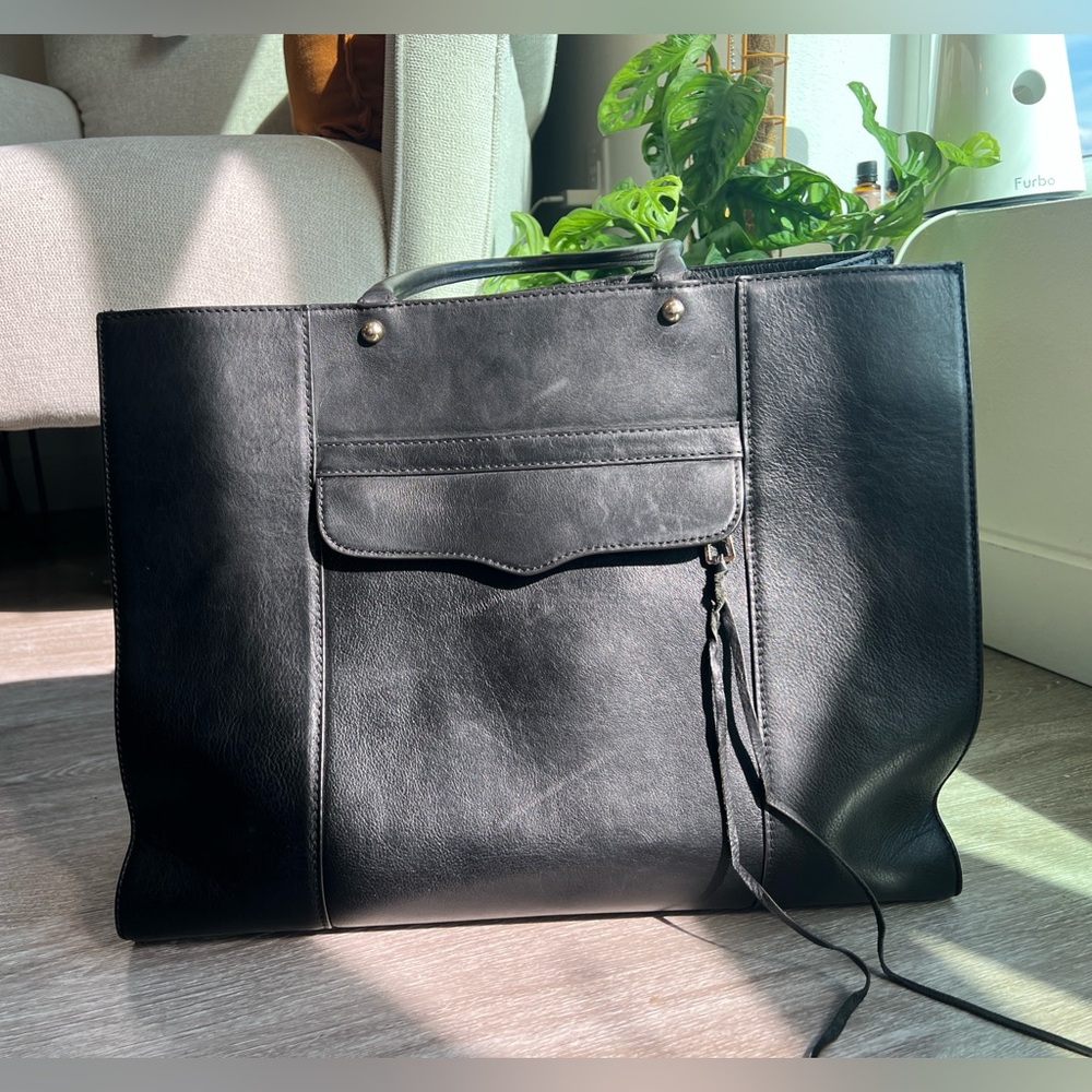 Rebecca Minkoff Black Leather Tote with Patterned Interior